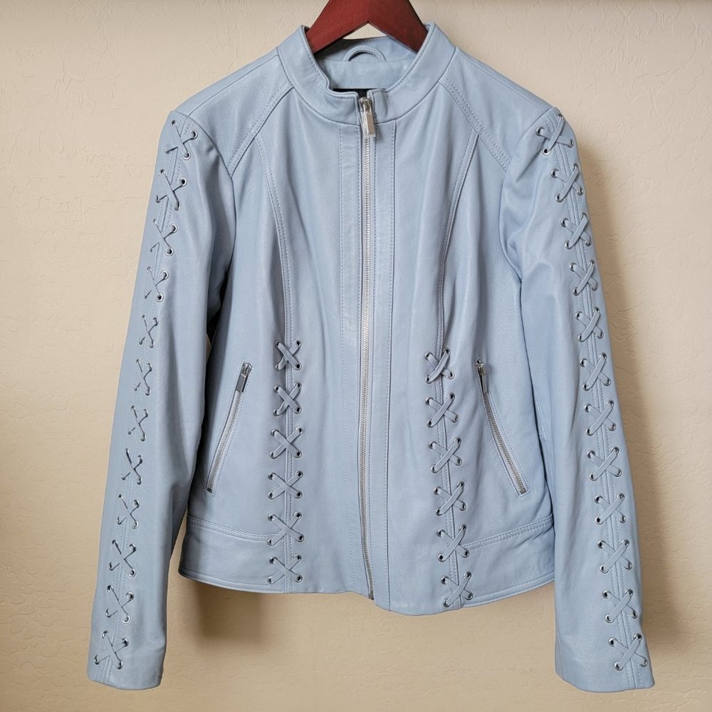 Neiman Marcus Light Blue Leather Lace-Up Moto Leather Jacket - Picture 2 of 16